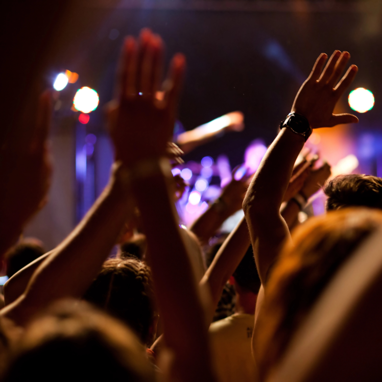 A crowd with their hands up at a concert